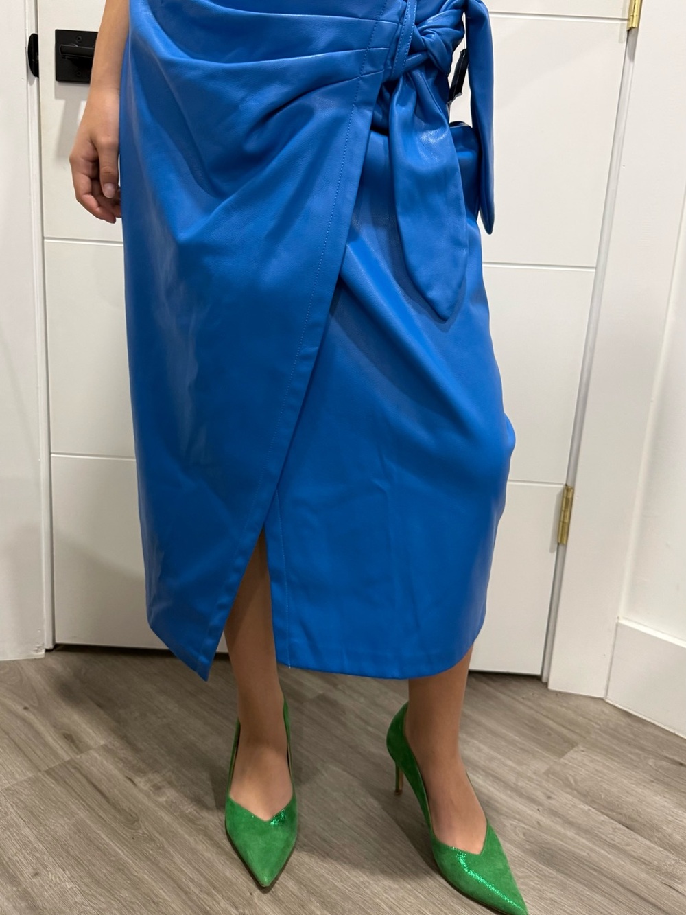 Women's Blue Wrap Midi Skirt with Side Tie